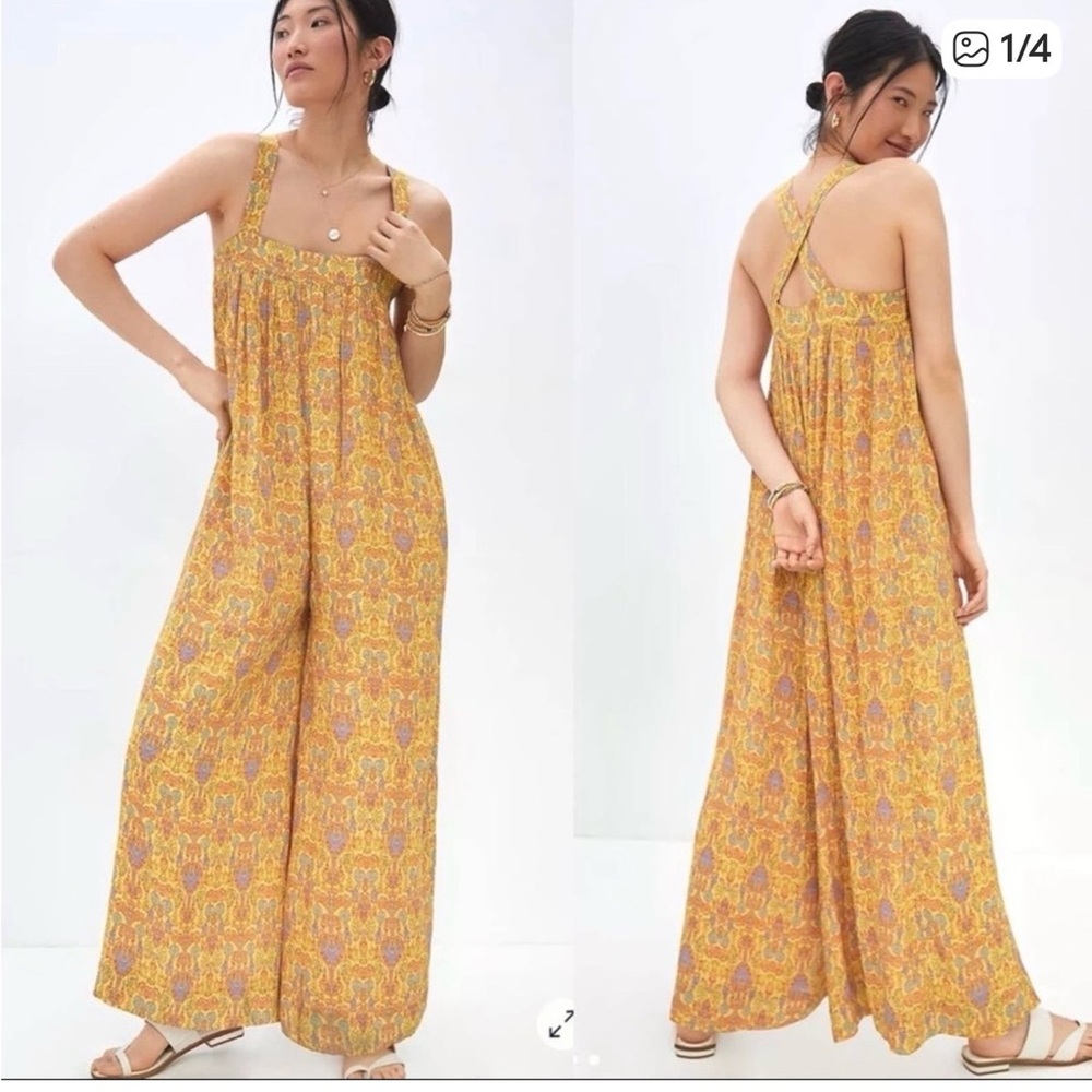 Ollari Anthropologie Floral Crossback Wide-Leg Jumper